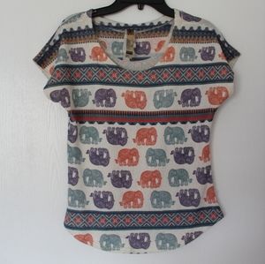 Discovery Women's Multicolor Elephant Print Short Sleeve Tee shirt Top S Small.